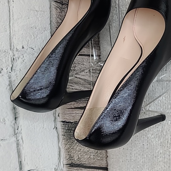 Prada Saffiano Vernice Textured Leather Pointy Toe Stiletto Pumps in Black - Picture 7 of 17